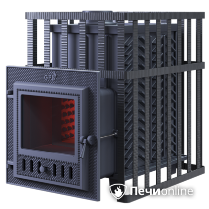 Дровяная банная печь Гефест ЗК в сетке-18 (М) чугунная дверца со стеклом, запатентованная каменка сетка в Краснотурьинске